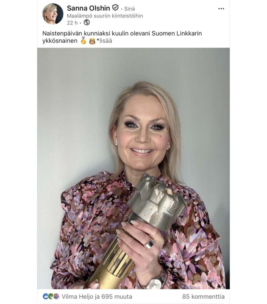 Screenshot Sanna Olshinin LinkedIn-postauksesta.